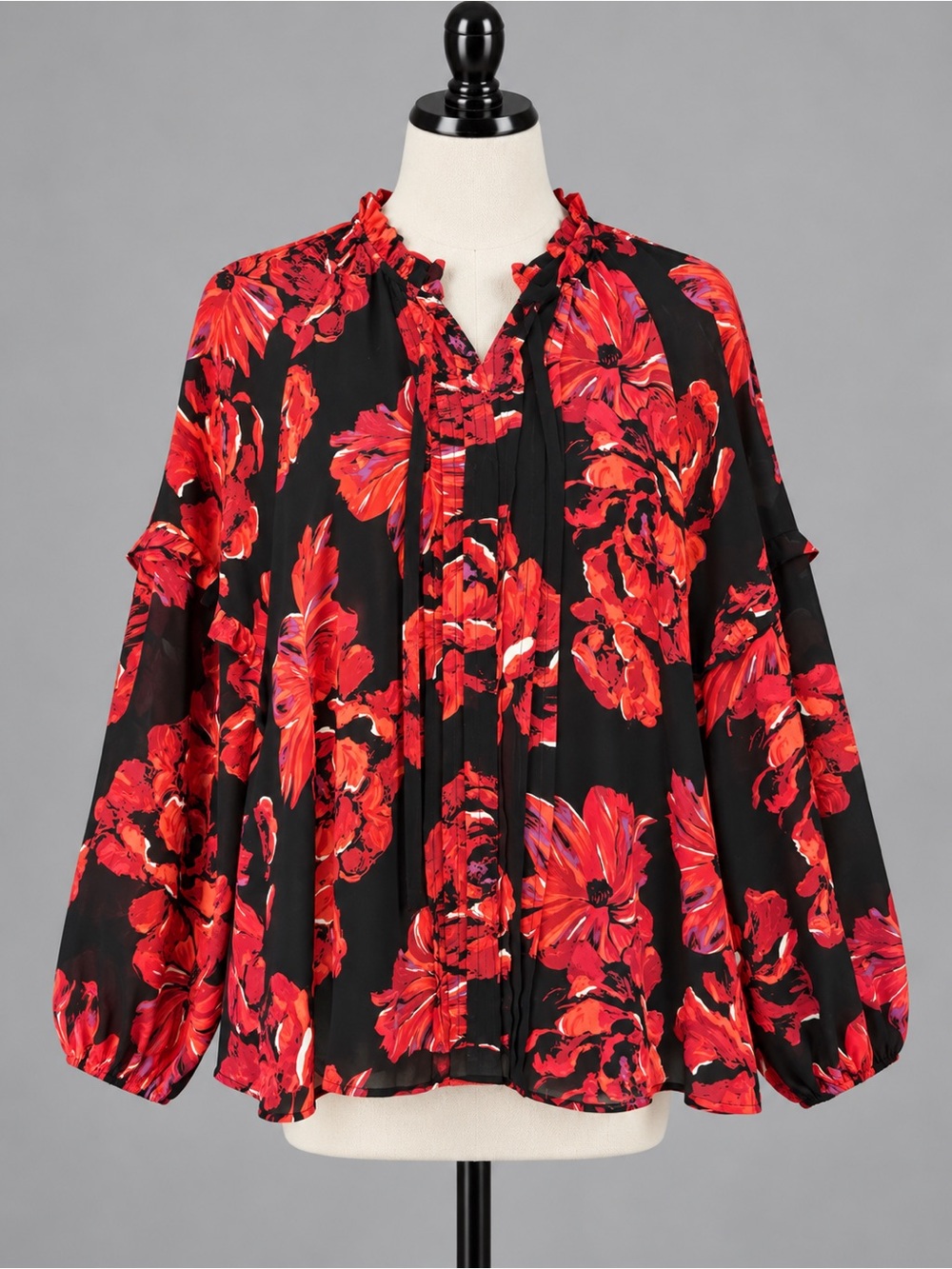 Black Red Floral Ruffle Blouse Balloon Sleeves Cato 22/24